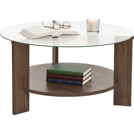 Canevino Couchtisch, Rund, Tischplatte aus Glas, Ablage Transparent, 75x75x40h cm, Nussbaum Braun