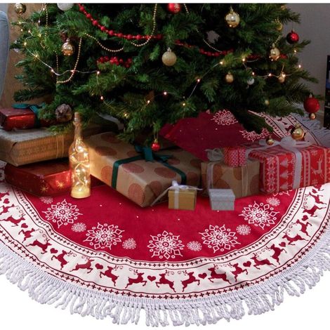 Jupe de Sapin de Noel Rouge, Cache Pied Sapin de Noel 90cm, Tapis Sapin Noel, Couvre-Pied de Sapin, Tour de Sapin, Dessous de Sapin de Noël, avec Gland Élans en Flocon de Neige (1/5)
