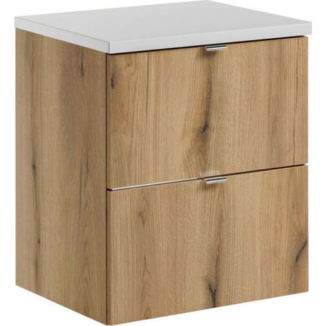 Set bagno sospeso VANO in rovere e bianco 50cm: mobile sotto lavabo con cassetti + piano per lavabo