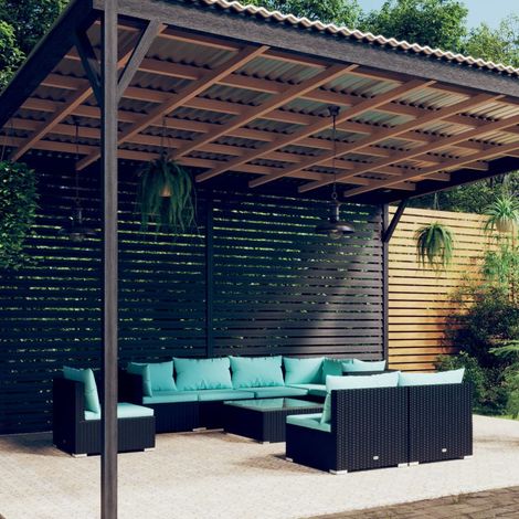 vidaXL Salon de jardin 9 pcs avec coussins Résine tressée Noir (1/5)