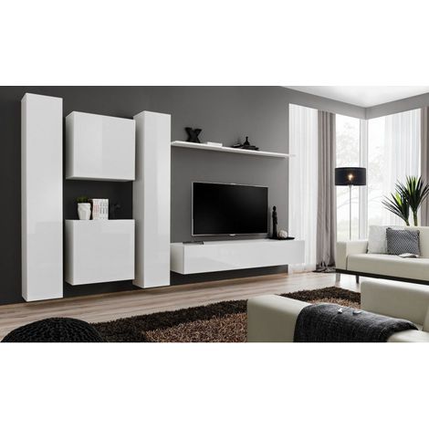 Ensemble meuble TV mural  - Switch VI - 330 cm  x 180 cm x 40 cm - Blanc - Livraison gratuite
