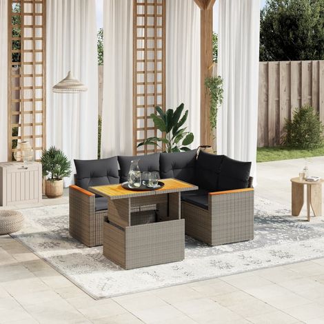 Ensemble Salon de Jardin 5 Pièces en Résine Tressée Gris avec Coussins, Table Réglable Hauteur (1/3)