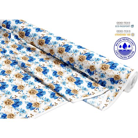 OUTDOOR DEKOSTOFFE OXFORD - Motiv blaue und goldene Rosen I DR287