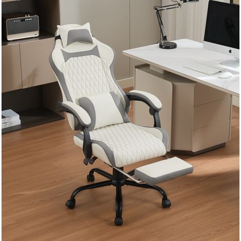 Chaise gaming ergonomique avec repose-pieds, poche de rangement, soutien lombaire et cervical, piètement métal, blanc et gris (1/5)