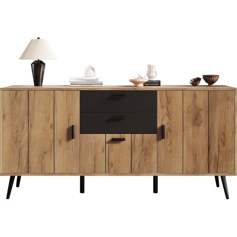 Buffet noir et bois avec 2 tiroirs, bahut en MDF à 3 portes et 7 compartiments, plateau large, 140 x 35 x 67 cm (1/5)