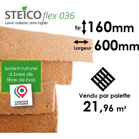 Steico – Panneau d'isolation en laine de bois semi-rigide 160mm – Conductivité thermique 0,036 W/mK – Isolation toiture et cloisons – Palette entière 21,96m² (1/4)