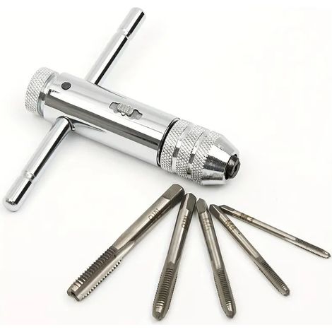 Machos y terrajas Juego de machos, machos manuales, llave de machos de trinquete ajustable Mango en T HSS M3 M4 M5 M6 M8 Herramientas de roscado métrico (1/5)