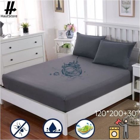 (gris-120x200cm)Protects Mattress 120 x 200 cm - with Bonnet 30cm- Waterproof - Alese in Cotton Breathable, Hypoallergenic and anti-acariens,Gray (1/4)
