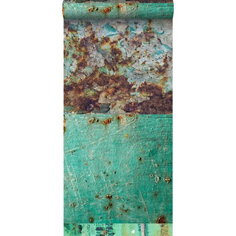 papier peint intissé XXL patchwork de plaques de metal rouillé et vieilli bleu canard et marron  - ESTAhome (1/5)