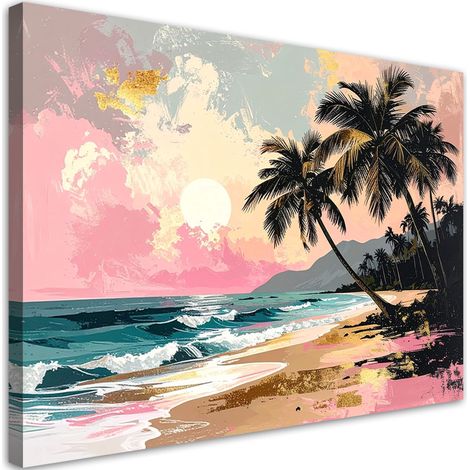 Tableau Moderne, Plage tropicale mer et palmiers pastel rose,30x20 (1/4)