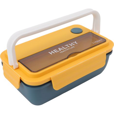 Boîte à lunch isotherme portable de grande capacité (1100 ml), étanche, idéale pour les salades au bureau (bleu/jaune). (1/5)