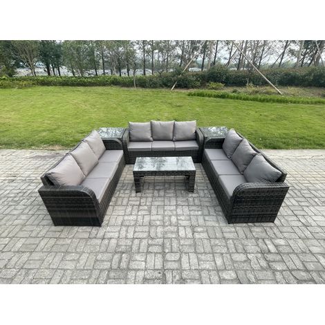 Fimous 9 Seater Outdoor Lounge Sofa Set Rattan Garden Furniture Set with Rectangular Coffee Table 2 Side Tables 3 Seater Sofa Dark Grey Mixed (1/5)