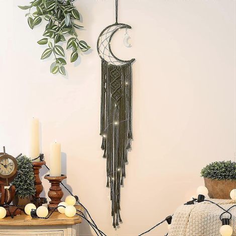 Attrape-rêves en forme de croissant de lune. Décoration murale bohème tissée avec long pompon. Fait main, style bohème unique. (1/5)
