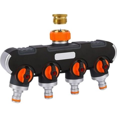 Robinet diviseur jardin 4 voies avec vannes individuelles et raccords rapides, laiton chromé pour arrosage et lavage polyvalent