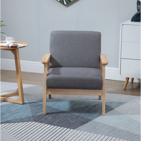 Grauer Relaxsessel aus Leinen, Holzgestell, 64 x 70 x 72 cm, mit Armlehnen und Kissen (1/5)
