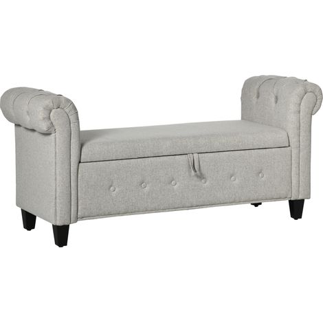 HOMCOM banco de almacenamiento puff de almacenaje tapizado en lino con tapa de bisagras patas de madera y reposabrazos enrollados 146,5x49x74,5 cm (1/5)