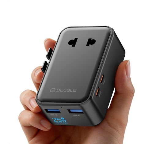 Adaptateur Prise Universelle avec 2 USB-C(PD 25W) & 2 USB-A Mince Adaptateur Voyage International, PAS un Convertisseur de Tension, Pour USA, UK, EU, AU & 200+ Pays (Noir) (1/5)