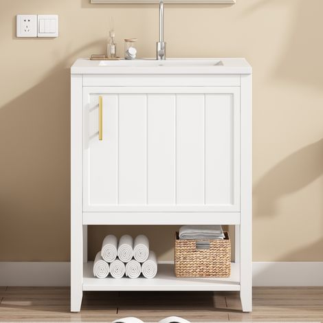 Meuble sous-vasque MODFU 60 cm, meuble de salle de bain avec vasque en céramique et 1 porte, blanc (1/5)