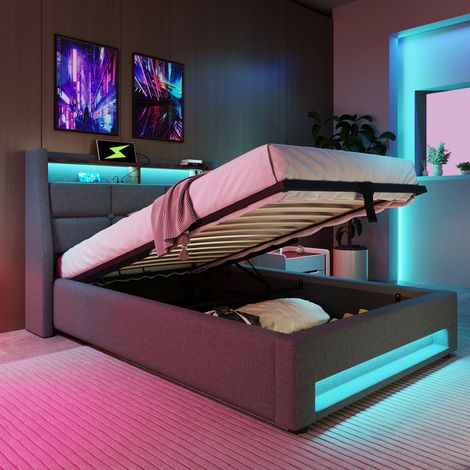 Lit 90x200 cm avec sommier à lattes avec port USB,lit coffre LED,lit 1 personne avec rangement,cadre de lit en lin,lit double,lit adult,Gris (1/5)