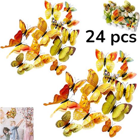 24 pièces - Sticker mural papillon 3D en plastique - Aimant créatif pour réfrigérateur - Avec aimant - Jaune - Sticker mural papillon - Sticker papillon 3D - Sticker mural papillon 3D jaune (1/5)