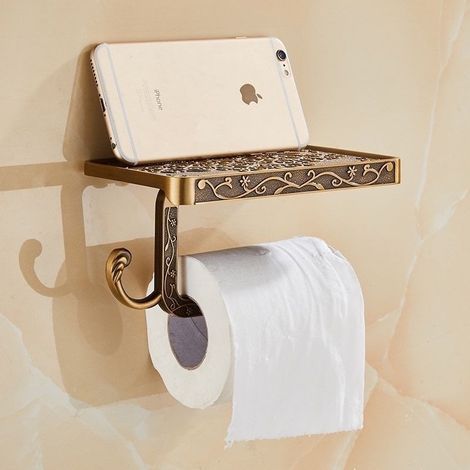 Porte-papier toilette mural vintage en aluminium – Finition bronze antique – Support 2 en 1 pour papier et objets (1/4)