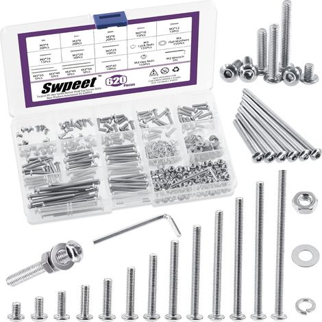 Lot de 620 - Boulon M3 - Écrou Hexagonal - Vis Acier Inoxydable 304 Avec Rondelles Plates Et Fendues Pour Bricolage Et Réparation Argent (1/5)