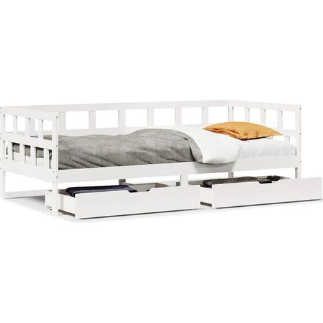 Canapé-lit avec tiroirs, matelas non inclus, blanc, 90x200 cm, bois massif. (1/5)