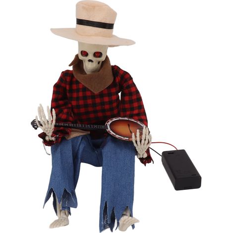 Statue de crâne de cowboy pour Halloween, yeux lumineux simulant une tête de cowboy, ornements de squelettes de cowboy pour décoration de bureau, grille rouge (1/5)