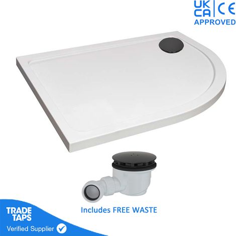 1200 x 900mm White Offset Quadrant Right Hand 45mm Low Profile Shower Tray with Matt Black Waste