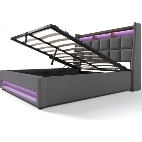 Letto contenitore capitonné 180x200 cm in lino grigio con USB e LED (1/5)