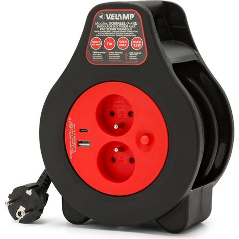 Enrouleur de Câble 7m, 2 Prises et 1 Fiche 16A, Câble 3G1,0 mm², Longueur 7 mètres. Enrouleur électrique avec 2 prises USB-A et USB-C. Rallonge électrique avec Protection thermique. (1/5)