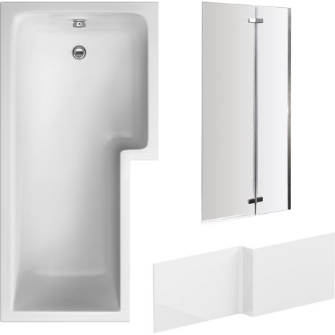 L Shape 1700x850 Shower Bath Set – Front Panel & Chrome 2 Panel Center Hinge Screen, Right Hand (1/4)