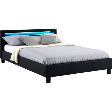 Idimex – Lit double noir 140x190 cm – Tête de lit rembourrée avec éclairage LED – Sommier à lattes inclus – Design moderne et élégant (1/4)