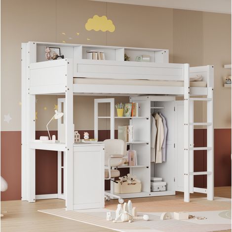 Kinder-Hochbett 90x200 cm mit Schreibtisch, Schrank, Regalen, 4-stufiger Leiter, weiß HAVRYA (1/5)