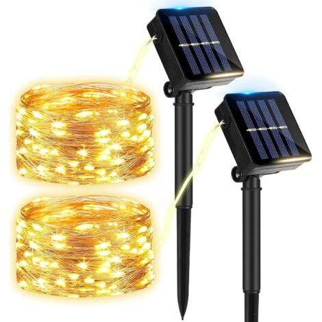 BUNTHAUS Lot de 2 Guirlande Solaire Exterieur Jardin, 12M 100 LED Noël Guirlande Lumineuse Solaire 8 Modes Étanche Fil Cuivre Lumière pour Sapin de Noël, Jardin, Terrasse, Balcon ,Guirlande lumineuse (1/5)