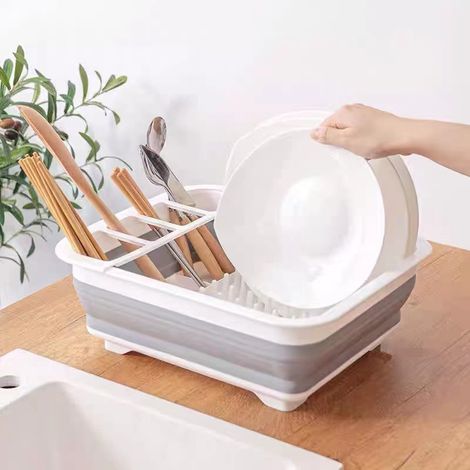 Égouttoir pliable avec porte-couverts - idéal pour la maison ou le camping, résistant aux déchirures, peu encombrant, pieds antidérapants, gris. (1/4)