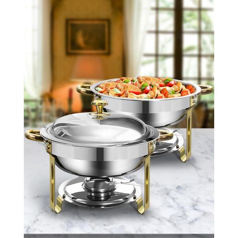 Réchaud Buffet 6L, Rond en INOX, Or et Argent, 2PCs Chafing Dish for Buffet Set, Support de Couvercle, Pour réceptions, Mariages (1/5)