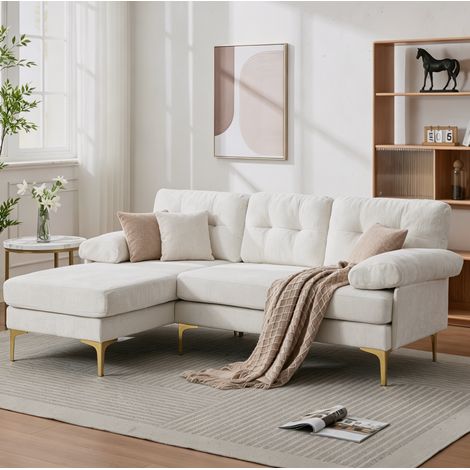 Divano angolare a L 3 posti 187,5 x 130 x 79 cm in ciniglia beige, piedi in metallo (1/5)
