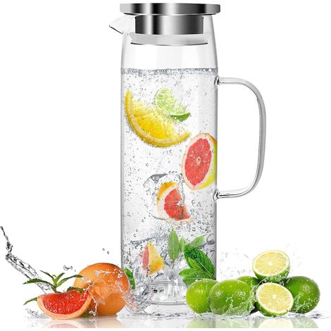 Carafe verre borosilicate 1,5L, couvercle, résistante chaleur, pour eau/thé glacé/boissons chaudes/froides. (1/5)
