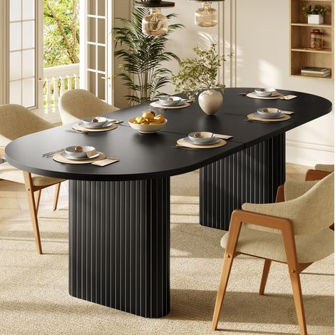 Table à manger extensible 120-160x80 cm ovale, structure stable, angles arrondis, MDF et métal décor - noir (1/5)