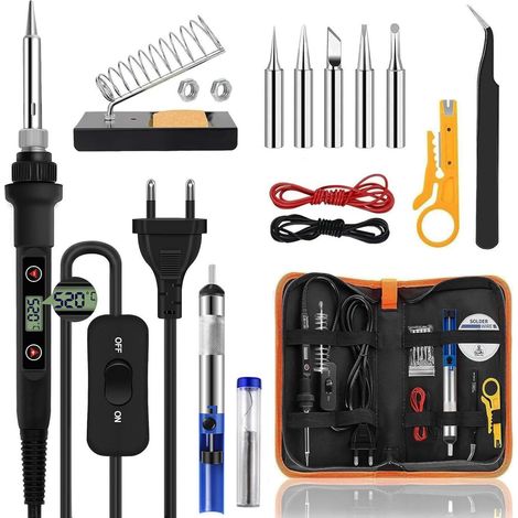 Kit de fer à souder 80 W LCD température réglable 180-520 °C Fer à souder avec interrupteur, chauffage rapide en 15 secondes, 5 pointes à souder, fil à souder 50 g, pince à épiler, pompe à dessouder (1/5)