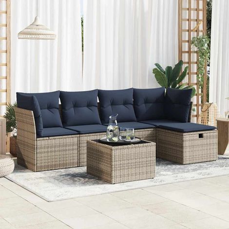 Salon de jardin 6 places en résine tressée gris avec coussins bleu marine, table verre trempé et coffre rangement - Canapé d'extérieur 5 pièces (1/5)