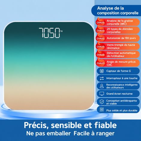 Pèse-personne impédancemètre connecté vert dégradé LED à piles 180 kg led app réf 7647 30 × 30 × 4,5 cm 950 g – Livraison gratuite