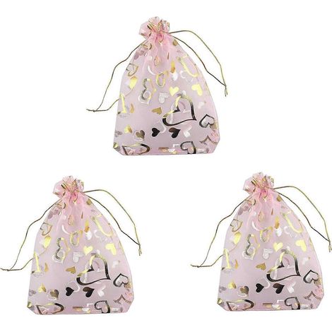 Lot de 300 pochettes en organza rose imprimées cœurs (9 x 12 cm), pochettes à cordon, pochettes cadeaux pour bijoux, dragées, cadeaux de mariage (1/5)