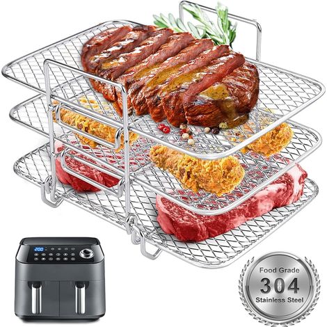 Accessoires Air Fryer en Acier Inoxydable 304, Support Multifonction Trois Couches Compatible avec Ninja Foodi AF300EU/ AF400EU, Accessoires pour Friteuse à Air Comprimé (1/5)