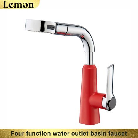 (Rouge G1/2) Robinet de lavabo de salle de bain, pommeau de douche extractible, robinet mélangeur d'eau chaude et froide, rotation à 360°. (1/5)