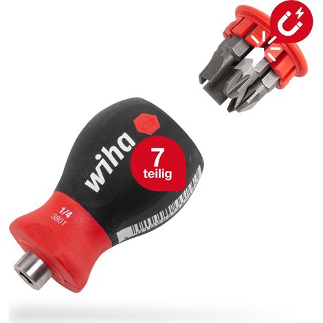 Wiha Schraubendreher Stubby mit Bit Magazin magnetisch (33764) I Schlitz, Kreuzschlitz I mit 6 Bits, 1/4" (1/5)