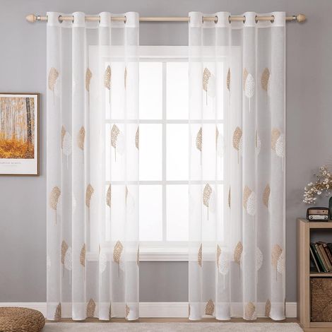 Rideaux Voilage avec Motif de Feuilles Brun et Blanc 140x245cm Rideau Voile Brodé a Oeillets Transparent Voilage Fenetre Design Moderne pour Chambre Salon (1/5)