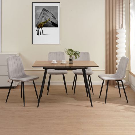 Ensemble table extensible naturel + 4 chaises velours gris - SCANDI