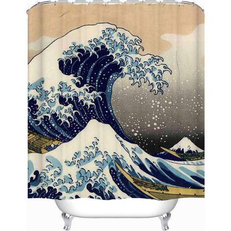 Rideau De Douche Imperméable - Motif Vague De Kanagawa - Polyester 180 X 180 Cm - Pour Salle De Bain Cuisine Chambre - 1 Pièce (1/5)